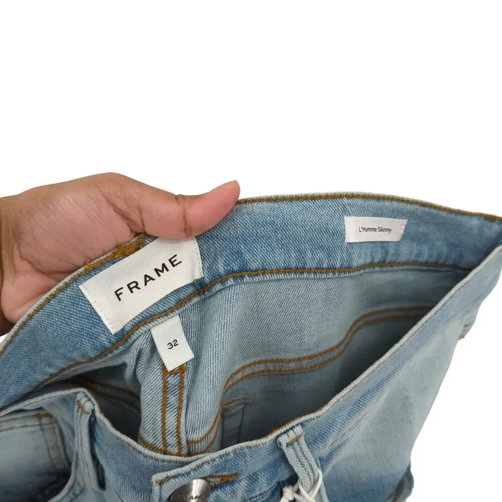 FRAME Men 32 L'Homme Jeans Tubman Blue Skinny Denim Distressed Whisker Mid Rise